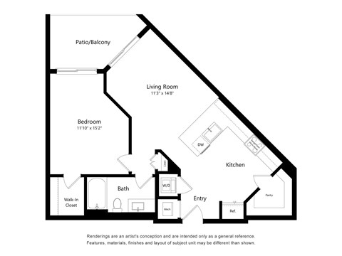 A drawing of a house layout with a living room, kitchen, bath, and bedroom.